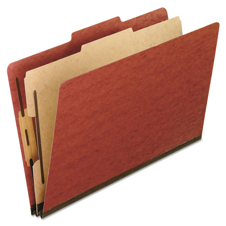 Four-Section Pressboard Classification Folders, Expands 2", 1 Divider, 4 Embedded Fasteners, Letter Size, Red, 10/Box