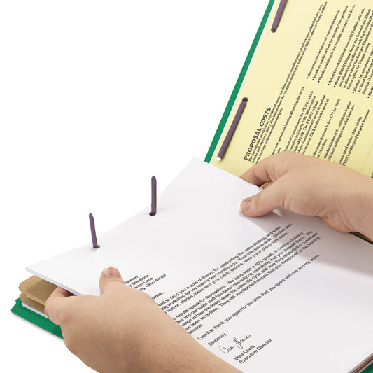 Pressboard Top Tab Pocket Classification Folders, Expands 2", 2 Dividers, 6 SafeSHIELD Fasteners, Letter Size, Green, 10/Box