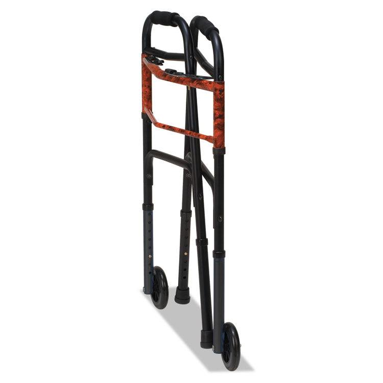 Two-Button Release Folding Walker with Wheels, Adjusts 32" to 38", 250 lbs Capacity, Black/Copper