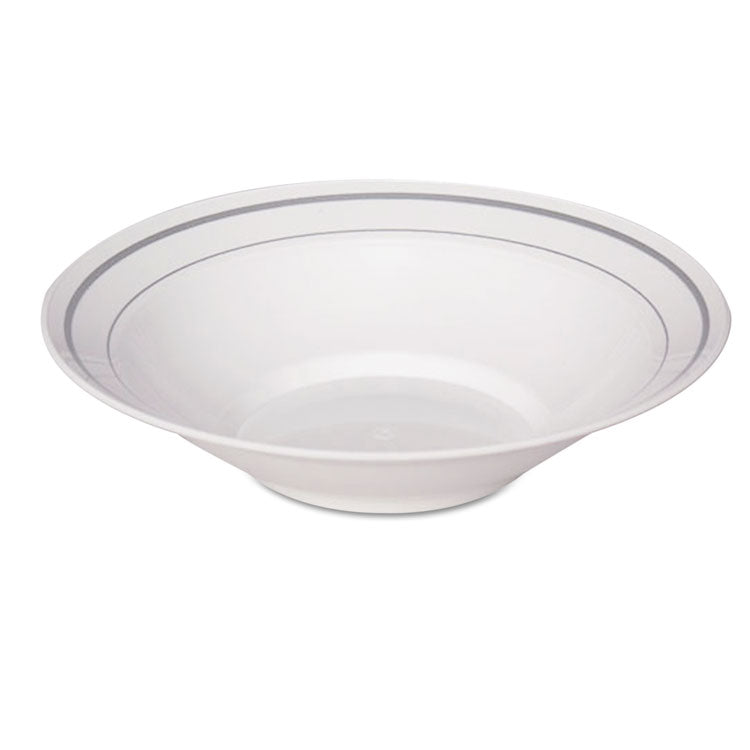 Masterpiece Plastic Dinnerware, Bowl, 10 oz, White/Silver, 10/Pack, 15 Packs/Carton