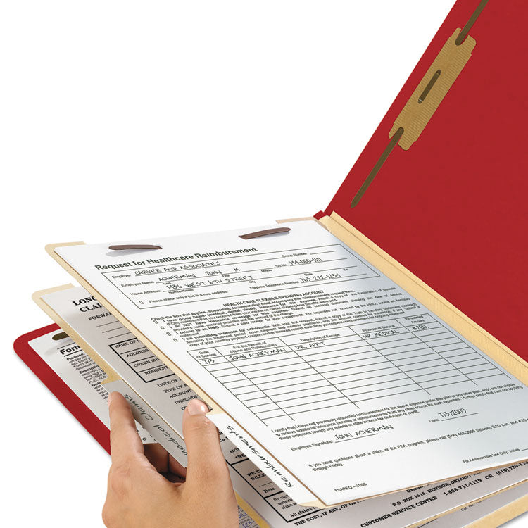 Colored Top Tab Classification Folders, 2/5-Cut Tab, Expands 2", 2 Dividers, 6 SafeSHIELD Fasteners, Letter Size, Red, 10/Box