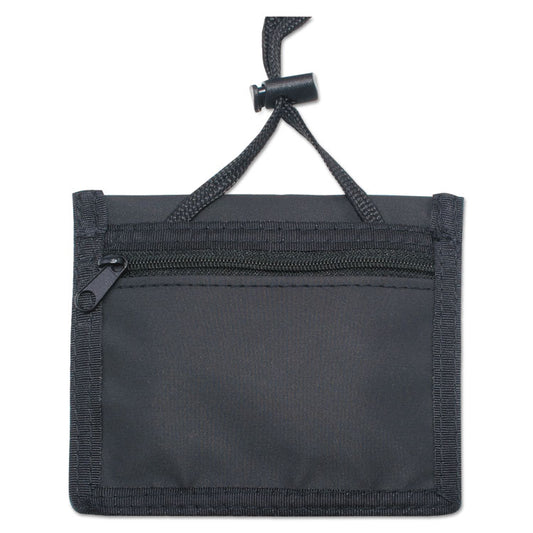 ID Badge Holders with Convention Neck Pouch, Horizontal, Black/Clear 5" x 4.25" Holder, 2.75" x 4" Insert, 48" Cord, 12/Pack