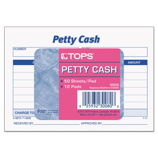 Petty Cash Slips, One-Part (No Copies), 5 x 3.5, 50 Forms/Pad, 12 Pads/Pack