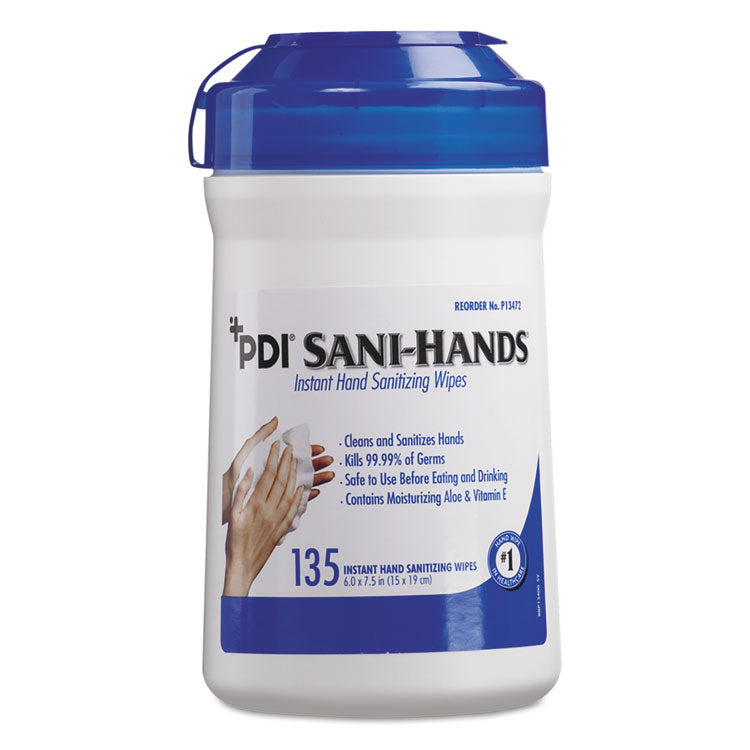 PDI Sani-Hands ALC Instant Hand Sanitizing Wipes, 1-Ply, 7.5 x 6, White, 135/Canister, 12 Canisters/Carton