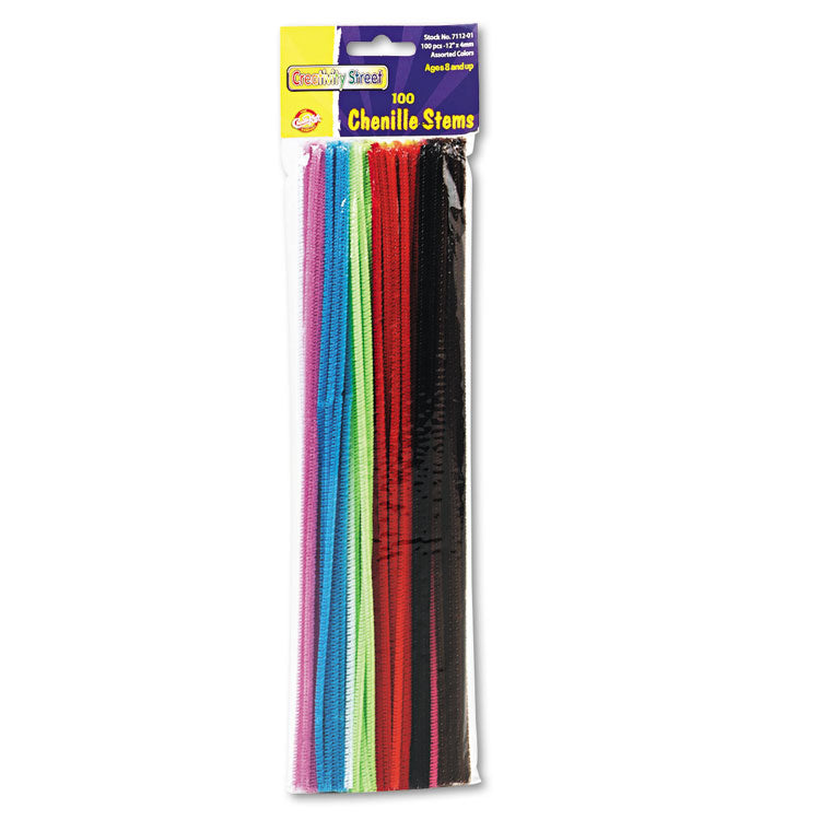 Regular Stems, 12" x 4 mm, Metal Wire/Polyester, Assorted Colors, 100/Pack
