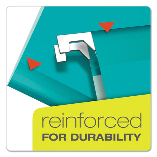 Colored Reinforced Hanging Folders, Letter Size, 1/5-Cut Tabs, Aqua, 25/Box