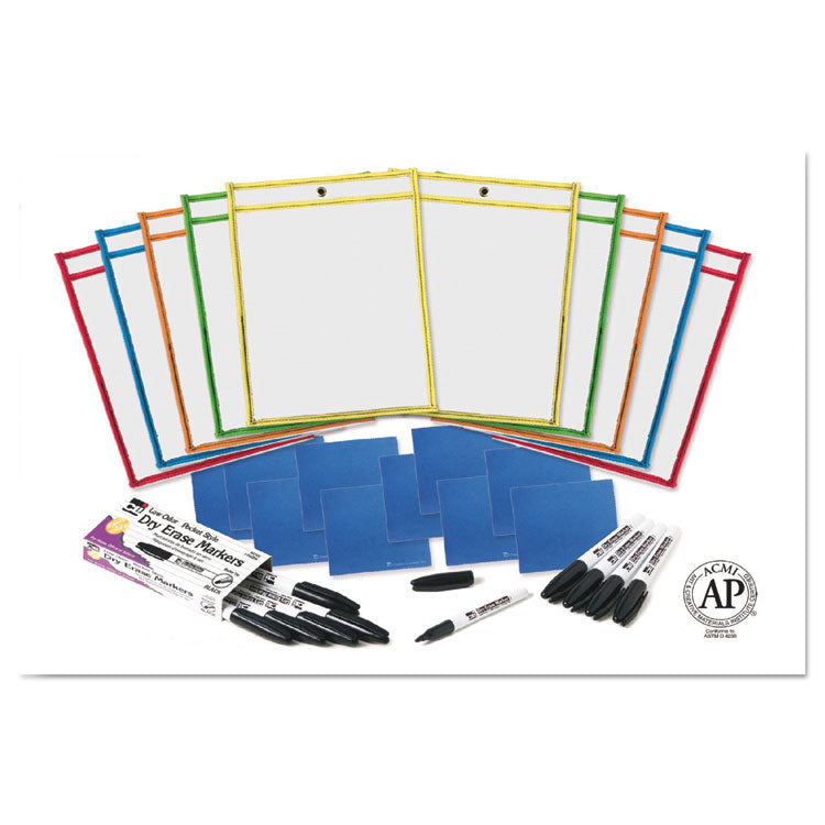 Dry Erase Pocket Class Pack, Heavy-Duty, Side Load 9 x 12 Insert, Clear Front, Assorted Border Colors, 10/Pack