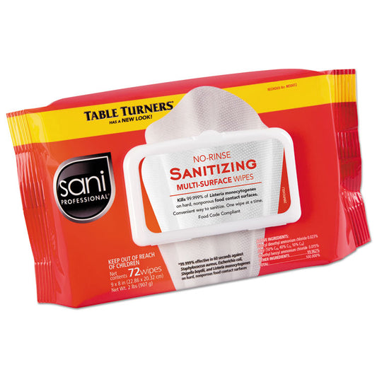 No-Rinse Sanitizing Multi-Surface Wipes, 1-Ply, 8 x 9, Unscented, White, 72 Wipes/Pack, 12 Packs/Carton