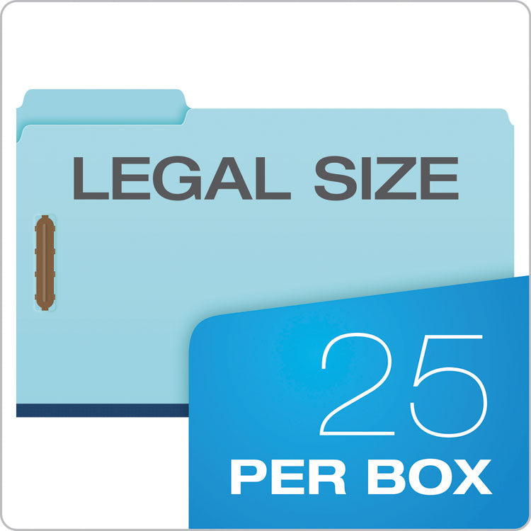 Heavy-Duty Pressboard Folders with Embossed Fasteners, 1/3-Cut Tab, Expands 1", 2 Fasteners, Legal Size, Blue, 25/Box