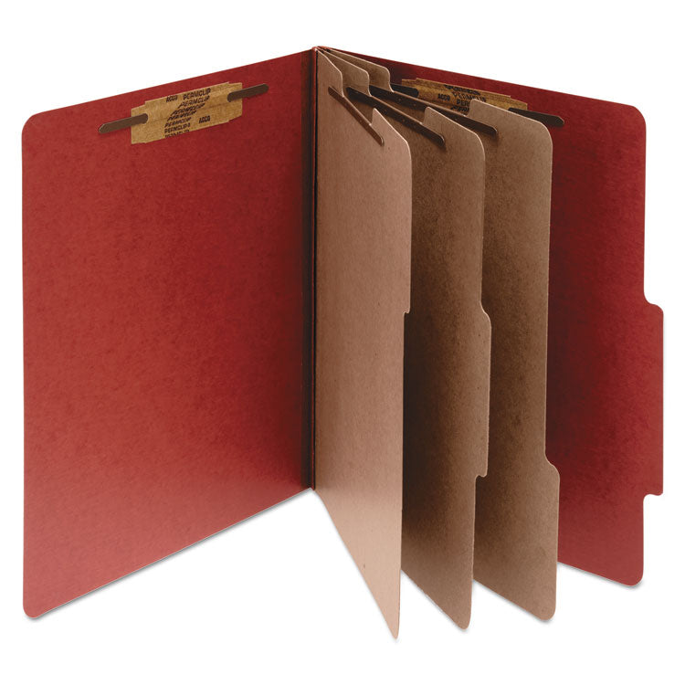 Pressboard Classification Folders, 2/5-Cut Tab, Expands 4", 3 Dividers, 8 Fasteners, Legal Size, Earth Red, 10/Box