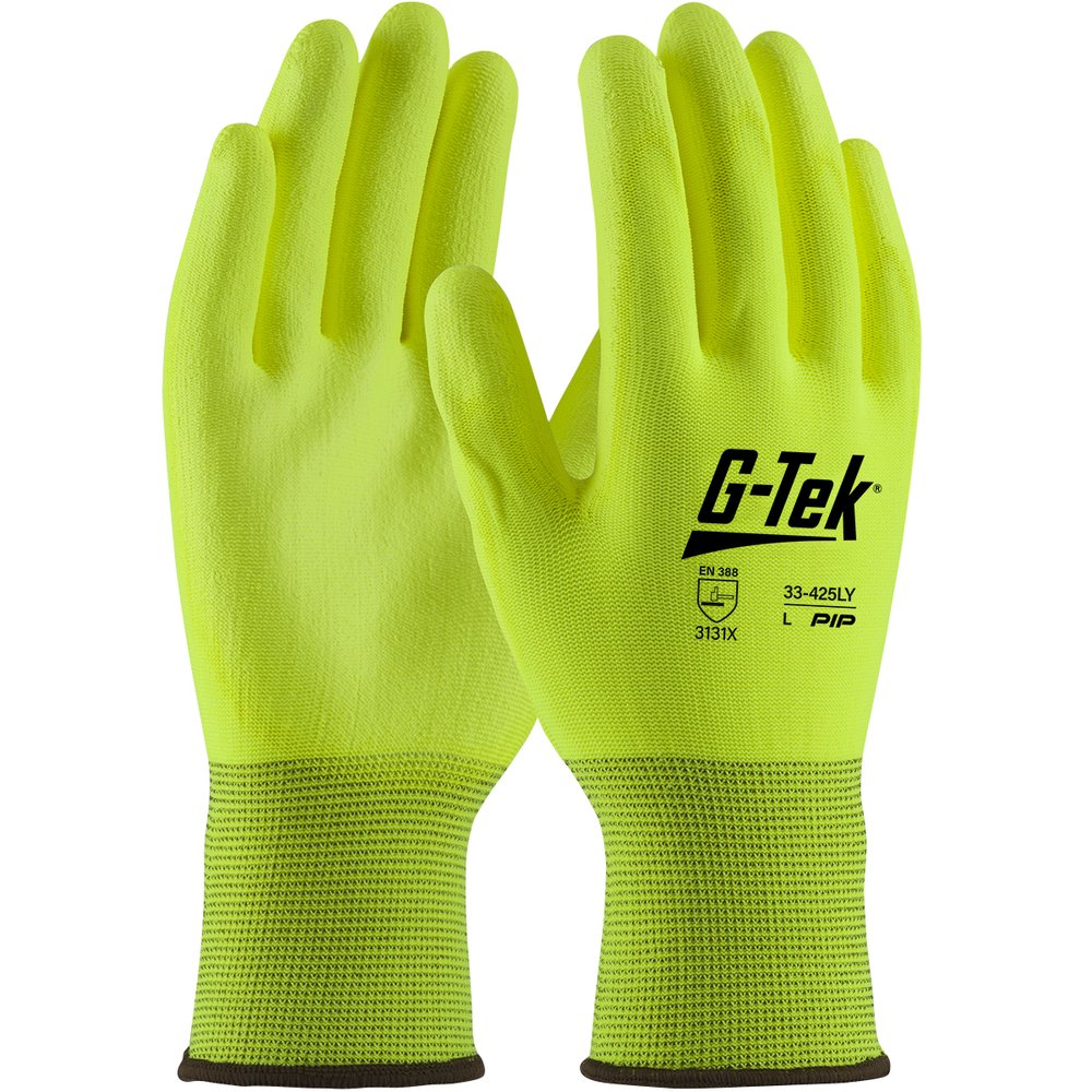 G-Tek by PIP Knit Poly. Glove W/HI-VIS Polyur. P/F YEL XXL, 12 Pairs/Pack