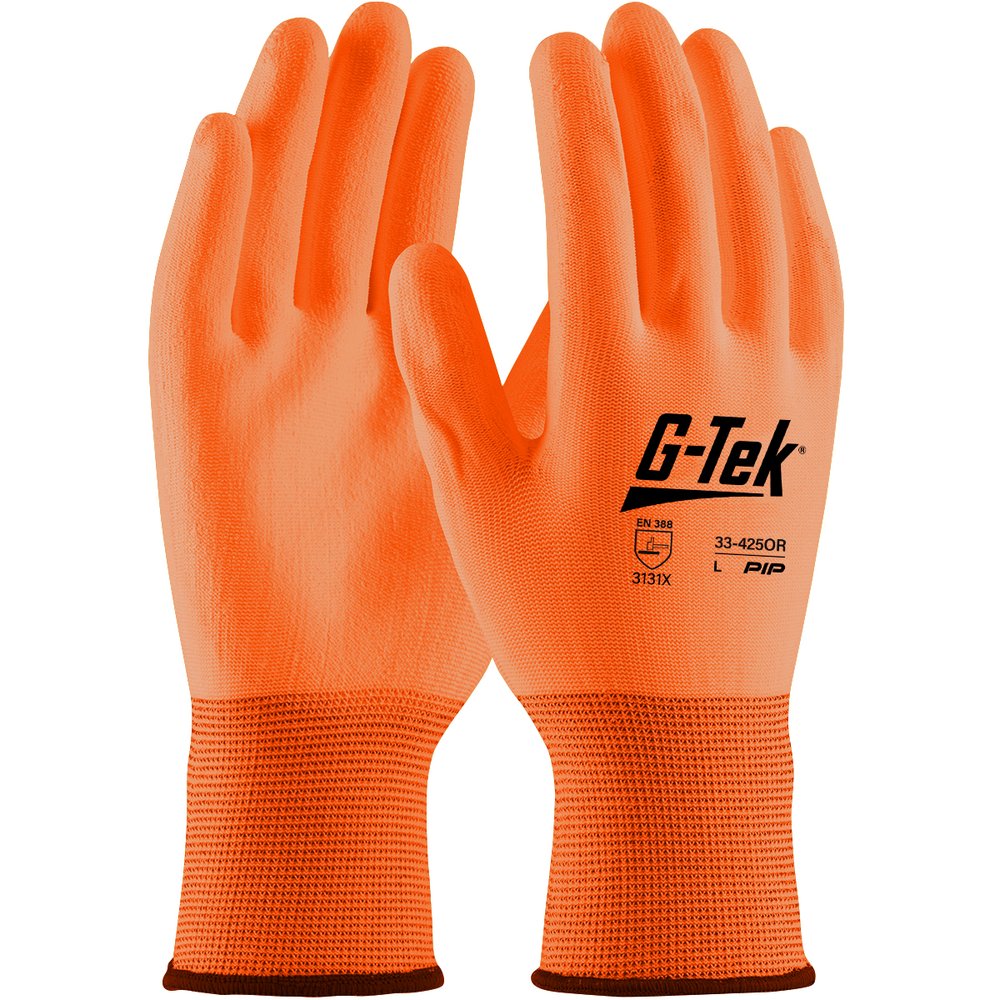 G-Tek by PIP Knit Poly. Glove W/HI-VIS Polyur. P/F YEL XS, 12 Pairs/Pack