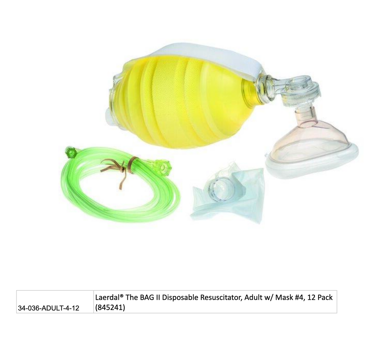 Kemp USA Laerdal® The BAG II Disposable Resuscitator, Adult w/ Mask #4, 12 Pack (845241)