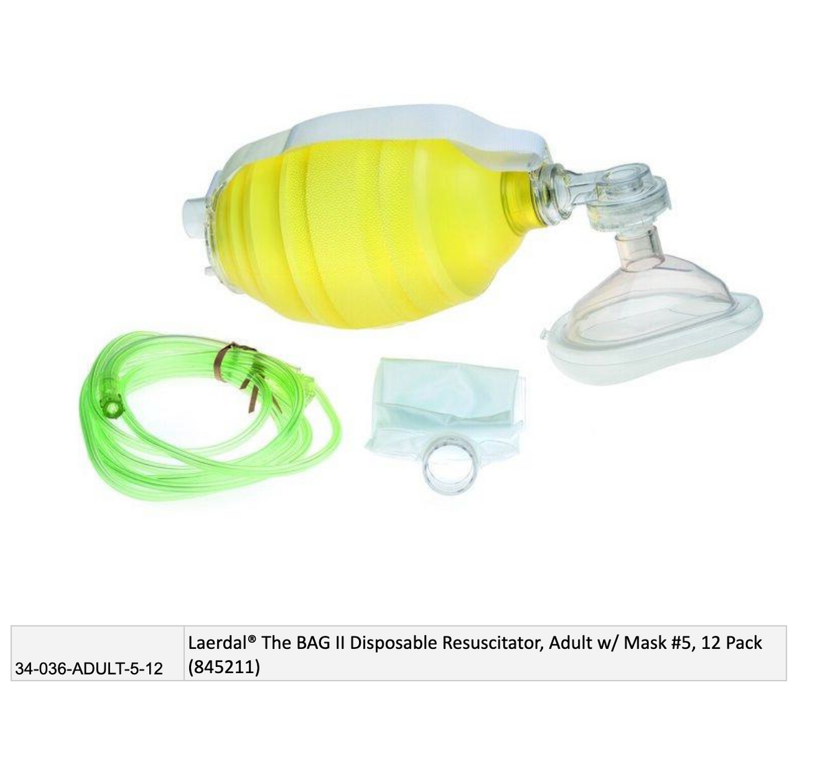 Kemp USA Laerdal® The BAG II Disposable Resuscitator, Adult w/ Mask #5, 12 Pack (845211)