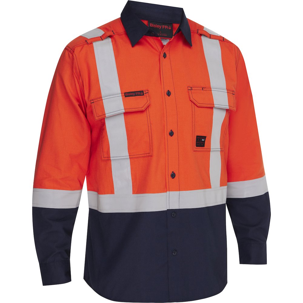 Bisley Workwear by PIP AR/FR MEN Ripstop Lsleeve Button Down ORG/NVY XL