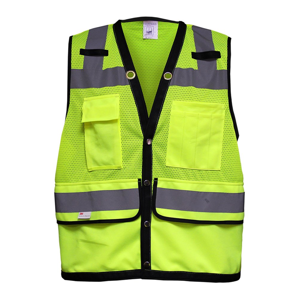 Reflective Apparel by PIP ANSI Type R CL2 12 Pocket Vest W/BLK Trim YEL