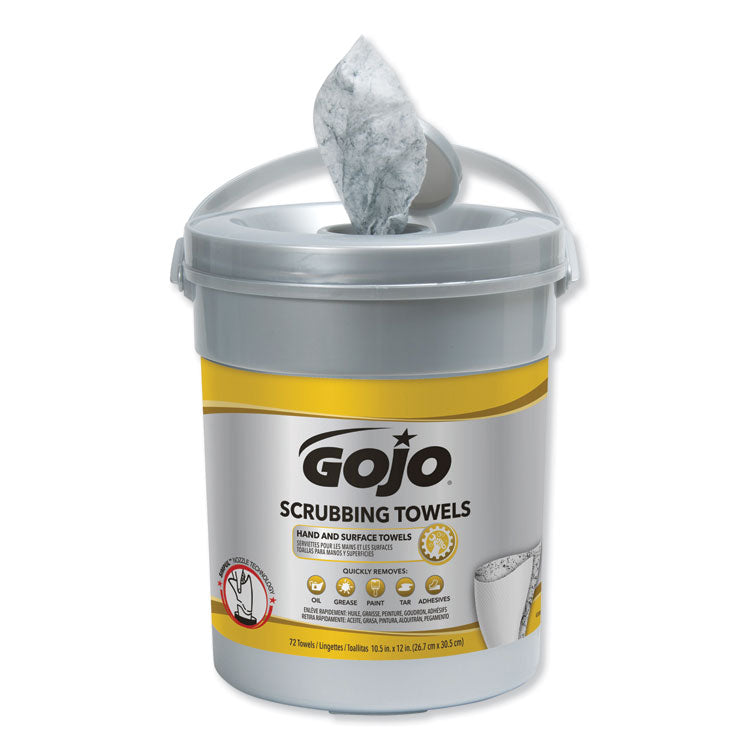 Scrubbing Towels, Hand Cleaning, 2-Ply, 10.5 x 12, Fresh Citrus, Silver/Yellow, 72/Bucket