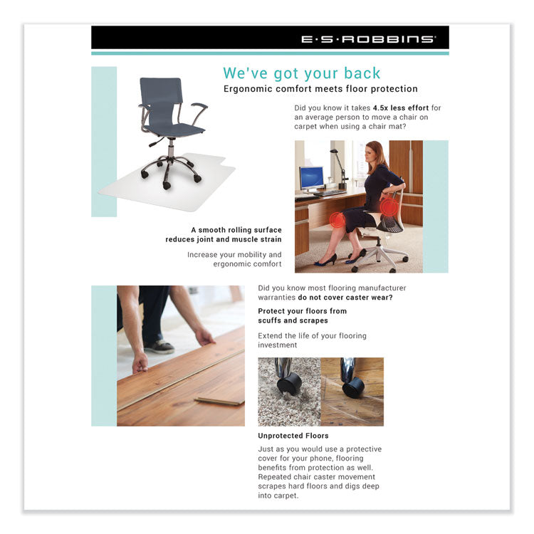 Natural Origins Biobased Chair Mat for Low Pile Carpeted Floors, Rectangular with Lip, Straight Edges, 45" x 53", Clear