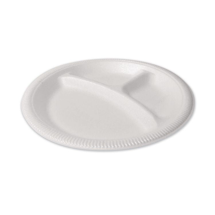 Foam Dinnerware, 3-Compartment Plate, 9" dia, White, 125/Sleeve, 4 Sleeves/Pack