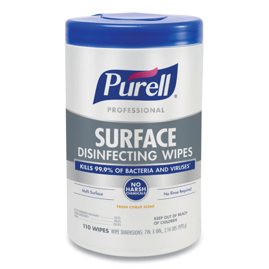 Professional Surface Disinfecting Wipes, 1-Ply, 7 x 8, Fresh Citrus, White, 110/Canister, 6 Canisters/Carton