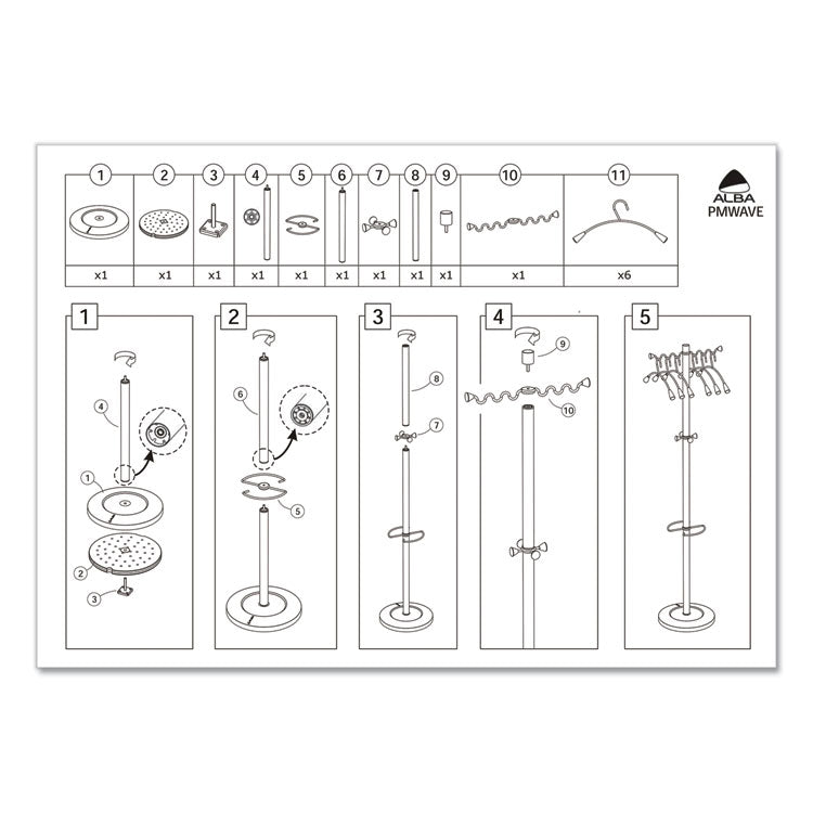 Wavy Coat Tree, Six Hangers/Two Knobs/Four Hooks, 18.88w x 14d x 68.5h, Silver/Wood
