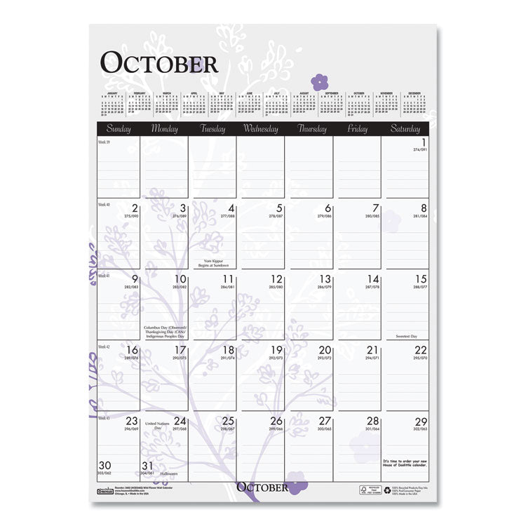 Recycled Wild Flower Wall Calendar, Wild Flowers Artwork, 12 x 16.5, White/Multicolor Sheets, 12-Month (Jan to Dec): 2026