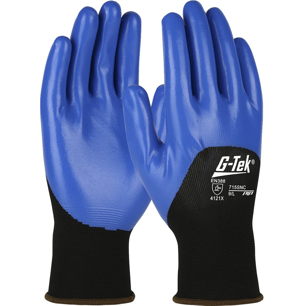 PIP Blue Flat Nitrile 3/4 DIP ON Black Nylon, 12 Pairs/Dozen