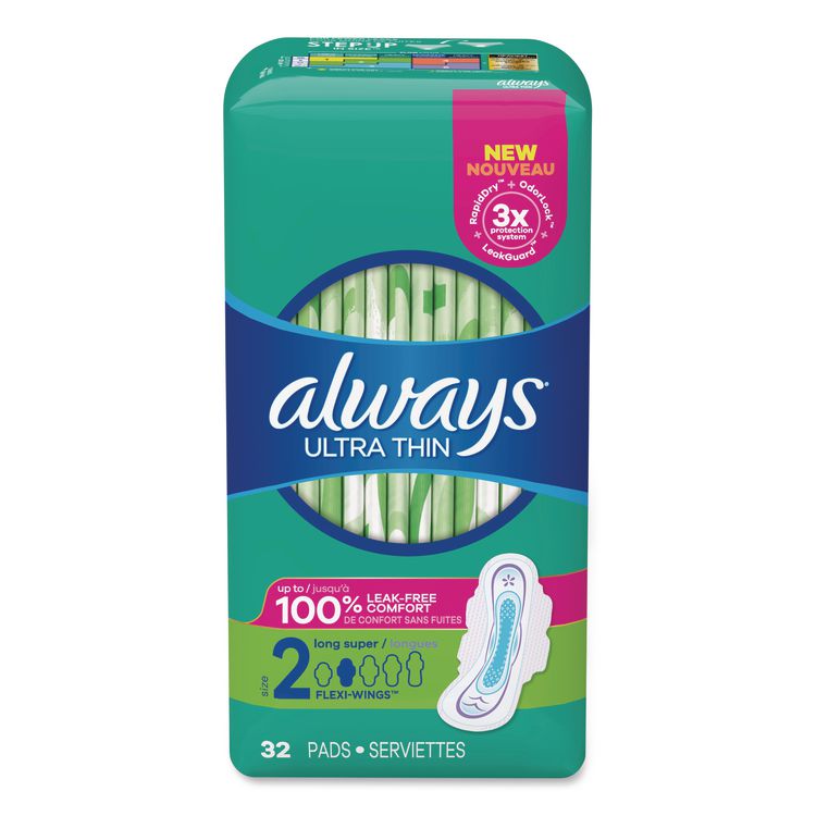 Ultra Thin Pads with Wings, Size 2, Super Long Absorbency, 32/Pack, 3 Packs/Carton