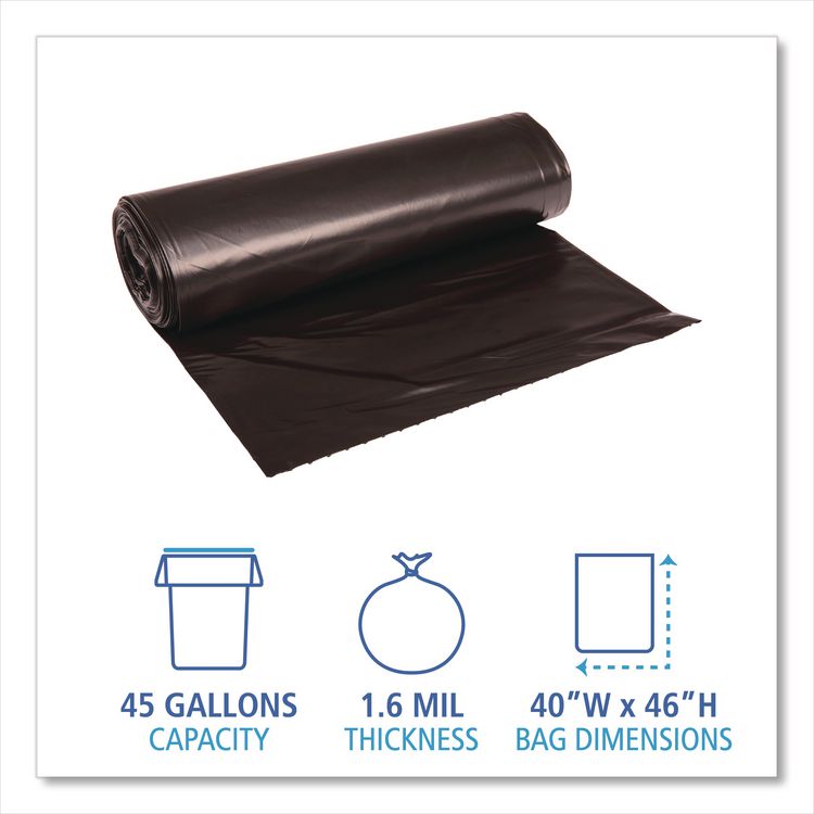 Recycled Low-Density Polyethylene Can Liners, 45 gal, 1.6 mil, 40" x 46", Black, Perforated, 10 Bags/Roll, 10 Rolls/Carton