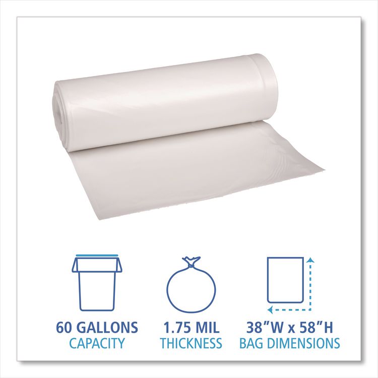 Recycled Low-Density Polyethylene Can Liners, 60 gal, 1.75 mil, 38" x 58", Clear, Perforated, 10 Bags/Roll, 10 Rolls/Carton