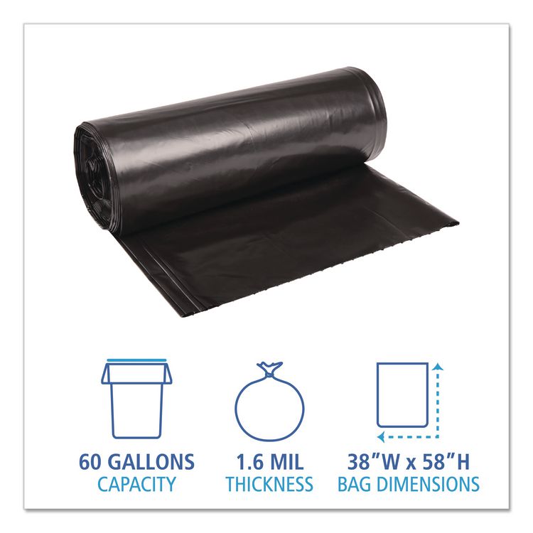 Recycled Low-Density Polyethylene Can Liners, 60 gal, 1.6 mil, 38" x 58", Black, Perforated, 10 Bags/Roll, 10 Rolls/Carton