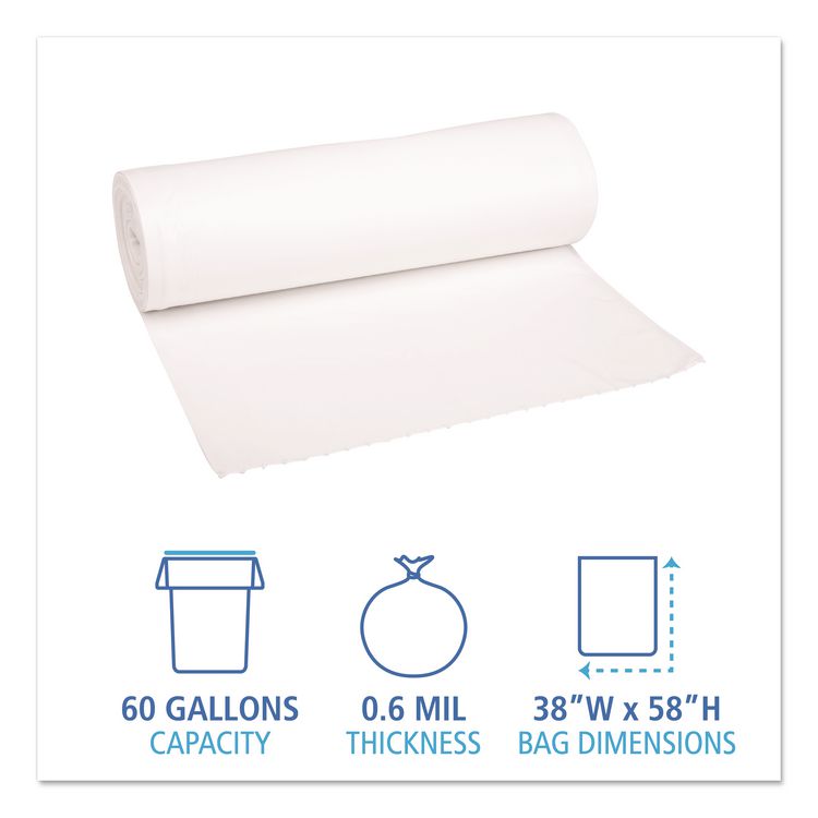 Low-Density Waste Can Liners, 60 gal, 0.6 mil, 38" x 58", White, Perforated Roll, 25 Bags/Roll, 4 Rolls/Carton