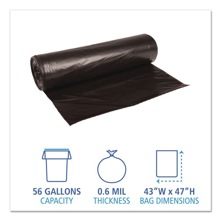 Low-Density Waste Can Liners, 56 gal, 0.6 mil, 43" x 47", Black, Perforated Roll, 25 Bags/Roll, 4 Rolls/Carton