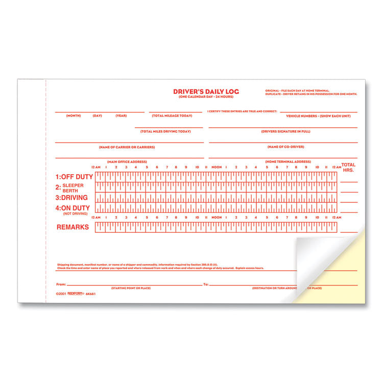 Driver's Daily Log Book with Daily Record and Hours Summary, Two-Part Carbonless, 7.88 x 5.5, 31 Forms Total
