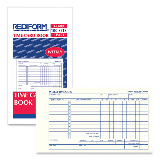 Weekly Employee Time Cards, Sunday-Saturday, One Side, 4.25 x 7, 100/Pad