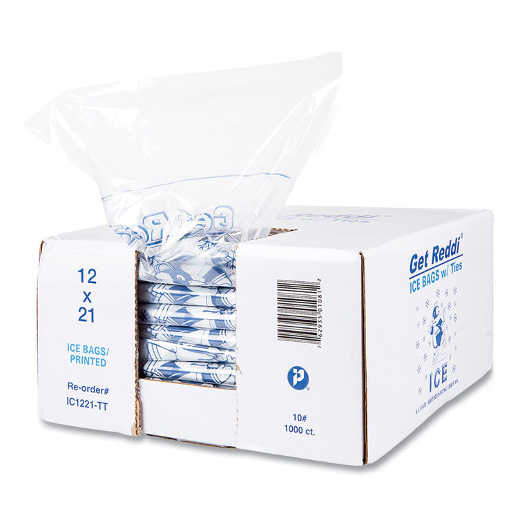 Ice Bags with Twist-Ties, Ice: Penguin Icon Labeling, 10 lb Capacity, 1.5 mil, 12" x 21", Clear, 1,000/Carton