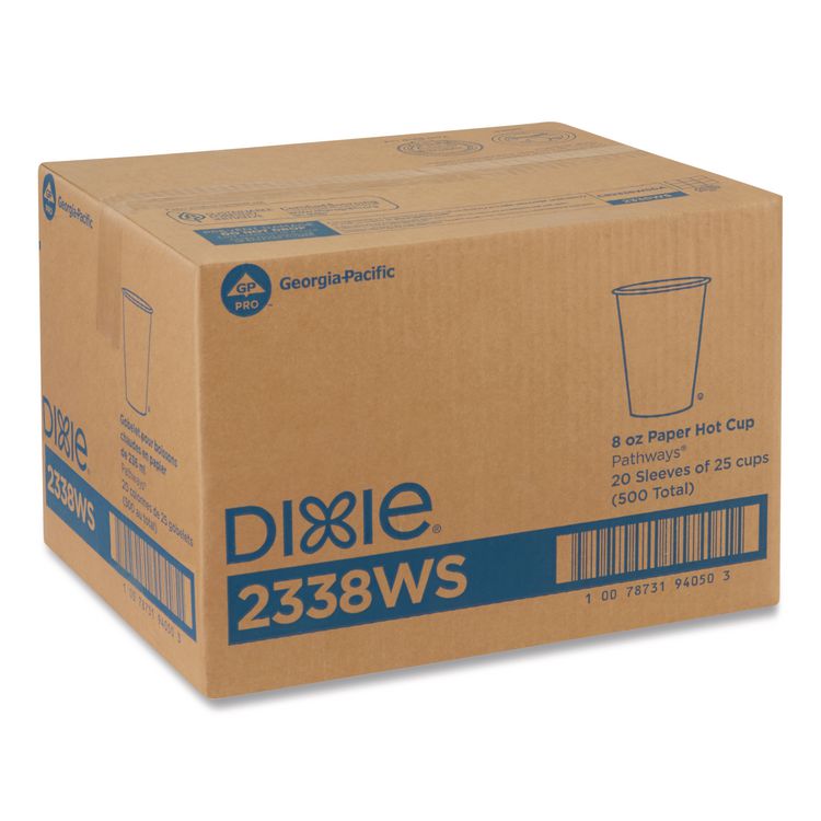 Pathways Paper Hot Cups, WiseSize, 8 oz, White/Brown, 25/Bag, 20 Bags/Carton
