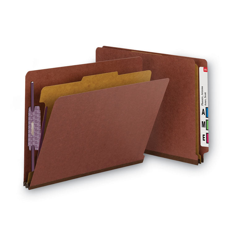 End Tab Pressboard Classification Folders, Expands 2", 1 Divider, 4 SafeSHIELD Fasteners, Letter Size, Red, 10/Box