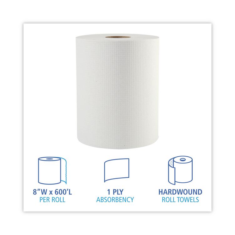 Hardwound Paper Towels, 1-Ply, 8" x 600 ft, White, 2" Core, 12 Rolls/Carton
