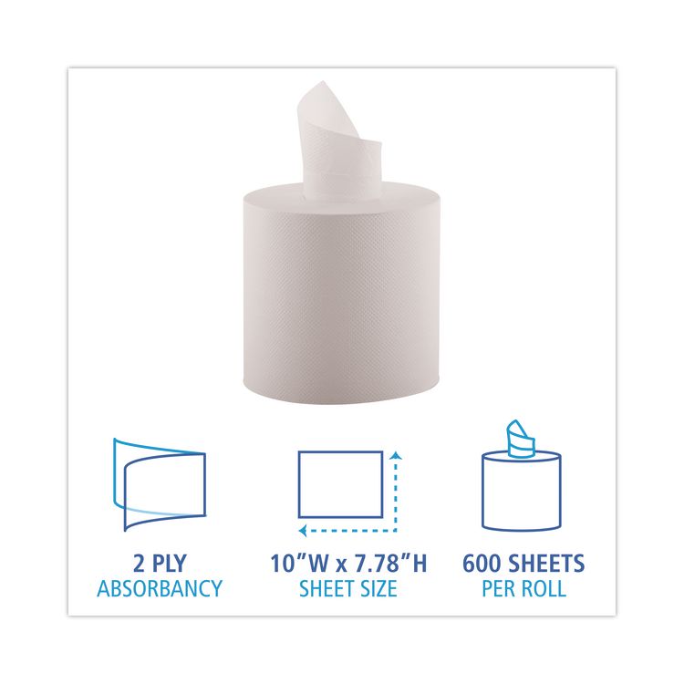 Center-Pull Hand Towels, 2-Ply, Perforated, 7.5 x 9, White, 600/Roll, 6 Rolls/Carton