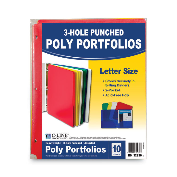 Two-Pocket Heavyweight Poly Portfolio Folder with Three-Hole Punch, Accommodates 11 x 8.5 Sheets, Assorted Colors, 10/Pack