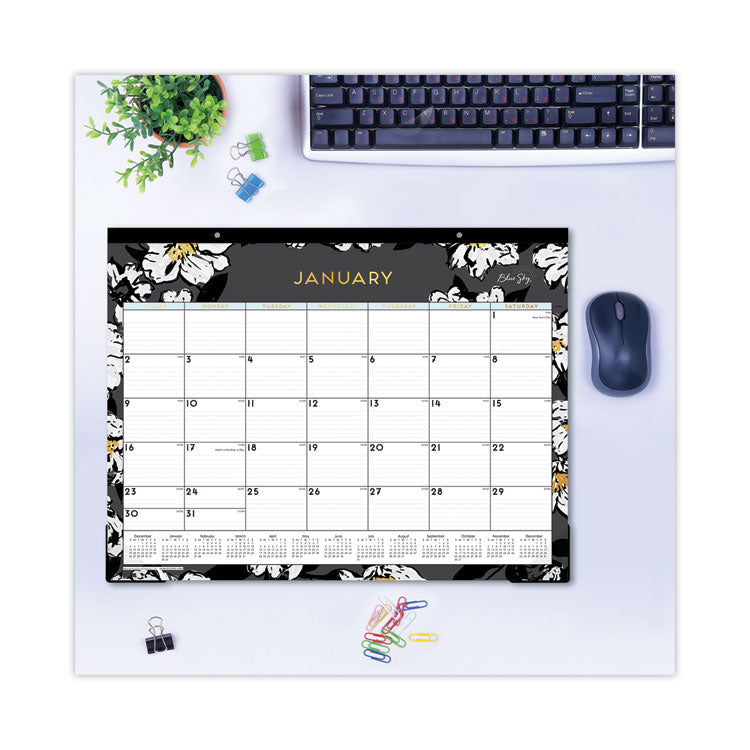 Baccara Dark Desk Pad, Floral Artwork, 22 x 17, White/Black/Gold Sheets, Black Binding, 12-Month (Jan to Dec): 2026