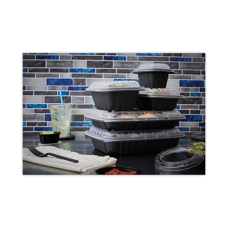 EarthChoice Entree2Go Takeout Container, 3 Compartments, 48 oz, 11.8 x 8.8 x 2.1, Black, Plastic, 200/Carton