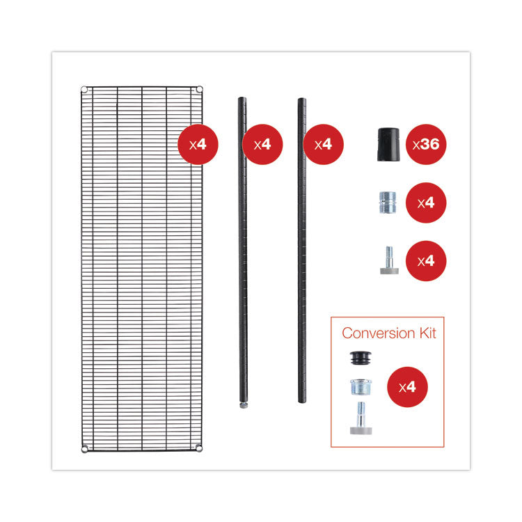 BA Plus Wire Shelving Kit, Four-Shelf, 72w x 24d x 72h, Black Anthracite Plus
