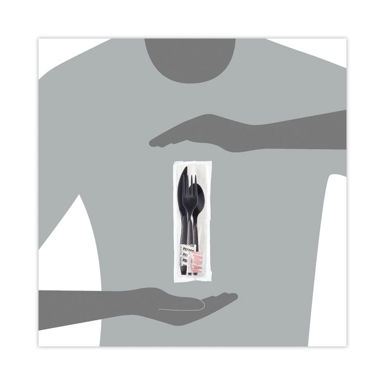 Reliance Mediumweight Cutlery Kit, Fork/Knife/Napkin/Pepper/Salt/Spoon, Plastic, Black, 250/Carton