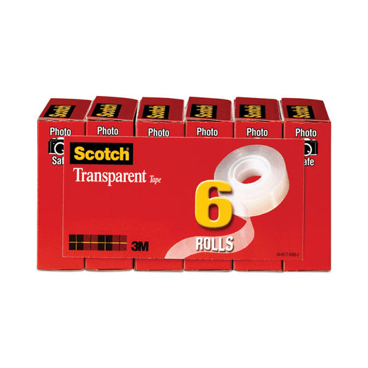 Transparent Tape, 1" Core, 0.75" x 83.33 ft, Transparent, 6/Pack