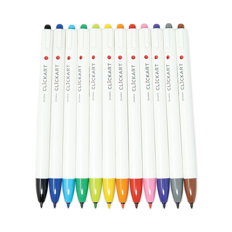 ClickArt Porous Point Pen, Retractable, Fine 0.6mm, Assorted Ink Colors, White Barrel, 12/Pack