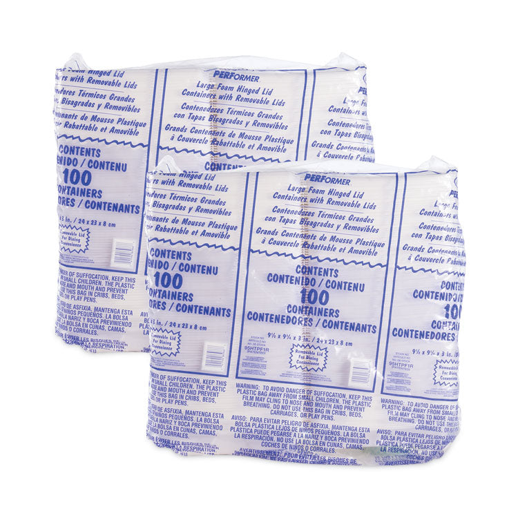 Foam Hinged Lid Container, Performer Perforated Lid, 9.3 x 9.5 x 3, White, 100/Bag, 2 Bag/Carton