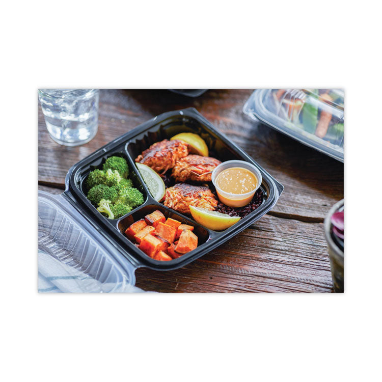 EarthChoice Vented Dual Color Microwavable Hinged Lid Container, 3 Compartments, 33 oz, Black/Clear, Plastic, 150/Carton