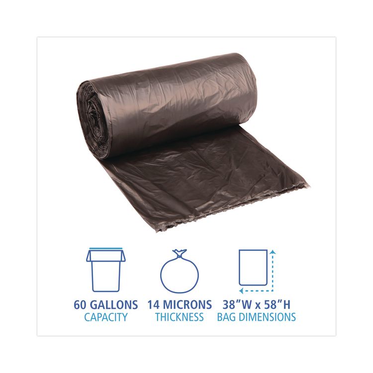 High-Density Can Liners, 60 gal, 14 mic, 38" x 58", Black, Perforated Roll, 25 Bags/Roll, 8 Rolls/Carton